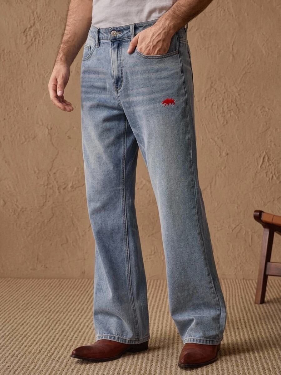 Manfinity BRENVOR Men's Animal Embroidery Pocket Wide Leg Loose Casual Jeans - Blue - View 1