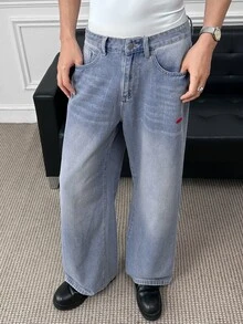 Manfinity BRENVOR Men's Animal Embroidery Pocket Wide Leg Loose Casual Jeans - Blue - View 7