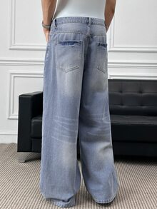 Manfinity BRENVOR Men's Animal Embroidery Pocket Wide Leg Loose Casual Jeans - Blue - View 3