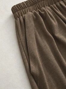 SHEIN 秋冬兩件套，居家休閒優雅外出兩件套，舒適面料兩件套，基礎T恤與休閒長褲 - 棕色 - 查看 8