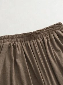 SHEIN 秋冬兩件套，居家休閒優雅外出兩件套，舒適面料兩件套，基礎T恤與休閒長褲 - 棕色 - 查看 5