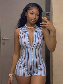 Fiercella Fiercella Women's Summer Casual Collared Striped Fitted Romper - Multicolor - View 1