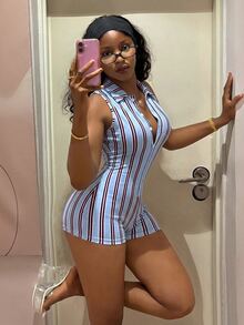 Fiercella Fiercella Women's Summer Casual Collared Striped Fitted Romper - Multicolor - View 6