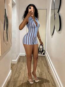 Fiercella Fiercella Women's Summer Casual Collared Striped Fitted Romper - Multicolor - View 4