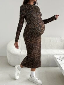 SHEIN Maternity Leopard Print Split Hem Casual Party Dress - Brown - View 3