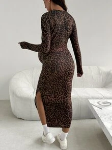 SHEIN Maternity Leopard Print Split Hem Casual Party Dress - Brown - View 9