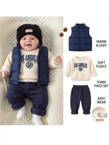 Loomiva Set Perlengkapan Bayi Baru Lahir: Atasan Lengan Panjang Berkerudung dengan Resleting Setengah, Topi Warna Kontras, Sweatshirt dengan Cetakan Depan, Celana Musim Dingin dengan Manset, Rompi Tanpa Lengan, 3 Potong - MultiWarna - View 1