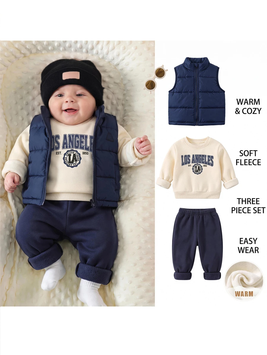 Loomiva Set Perlengkapan Bayi Baru Lahir: Atasan Lengan Panjang Berkerudung dengan Resleting Setengah, Topi Warna Kontras, Sweatshirt dengan Cetakan Depan, Celana Musim Dingin dengan Manset, Rompi Tanpa Lengan, 3 Potong - MultiWarna - View 1