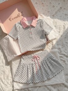 CovetEZ 女款白黑波點印花鈕扣半開襟短袖上衣與收腰裙褲套裝，適合早午餐約會、茶會，夏季學院風可愛風格 - 彩色 - 查看 3