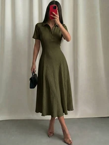 Modelyn Vestido midi de punto de color liso para mujer - Verde militar - Ver 7
