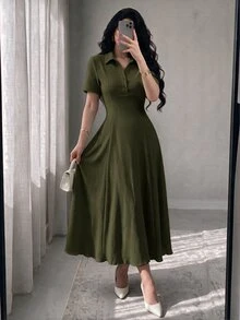 Modelyn Vestido midi de punto de color liso para mujer - Verde militar - Ver 1
