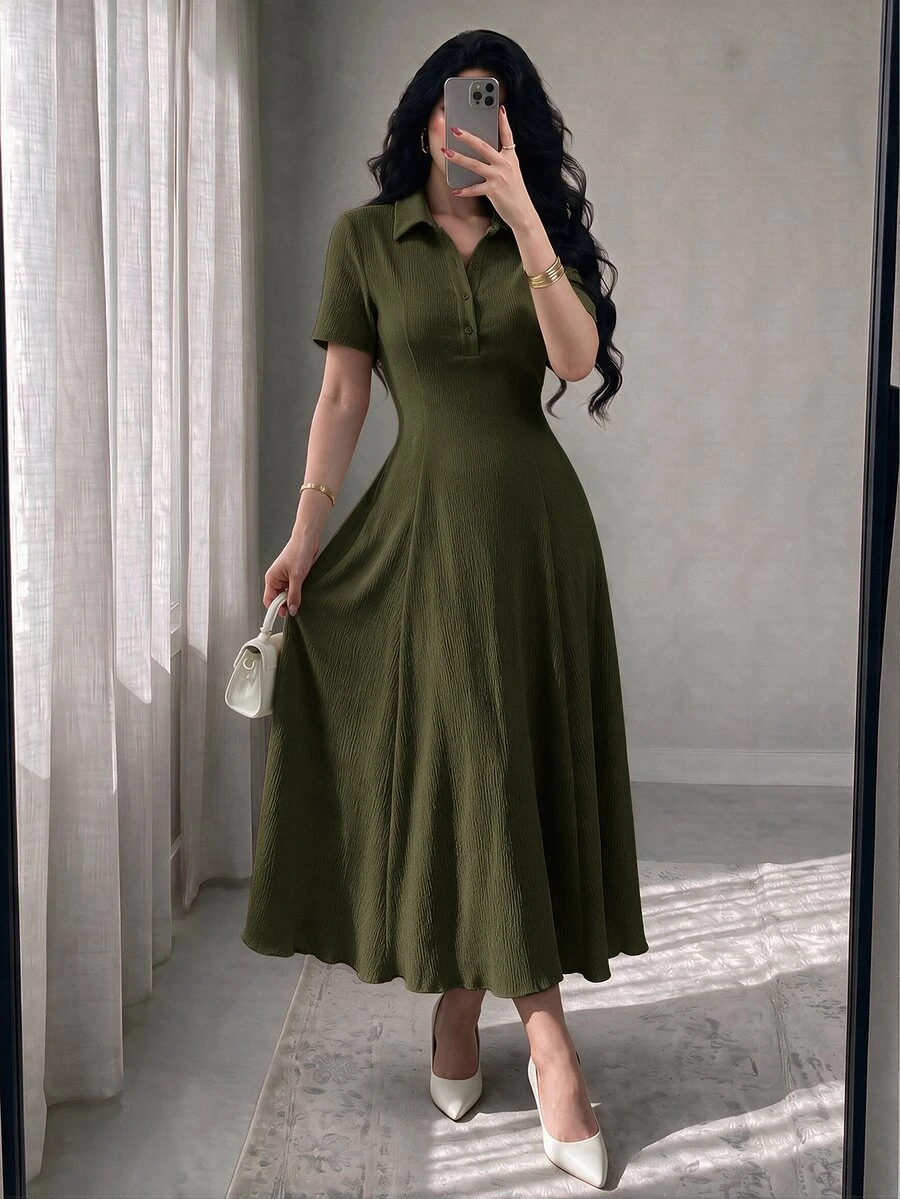 Modelyn Vestido midi de punto de color liso para mujer - Verde militar - Ver 1