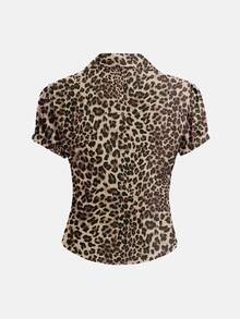 Elamini V-Neck Ruched Cutout Waist Fitted Short Sleeve Blouse, Fashionable Office Wear For Women Shirt - Multicolor - View 2