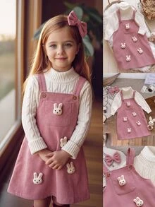 SHEIN 幼女/女嬰童可愛酒紅色燈芯絨吊帶裙 秋冬連身裙 - 粉色 - 查看 1
