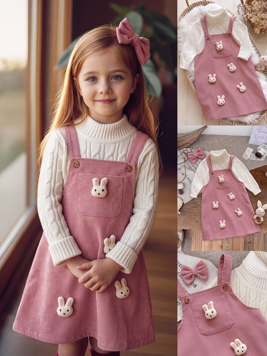 SHEIN 幼女/女嬰童可愛酒紅色燈芯絨吊帶裙 秋冬連身裙 - 粉色 - 查看 1