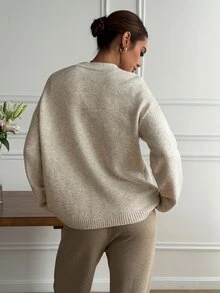 Livesso Women's Solid Color Pocket Front Button Long Sleeve Cardigan, Autumn School Everyday Home Beige Casual - Apricot - View 2