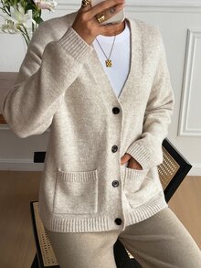 Livesso Women's Solid Color Pocket Front Button Long Sleeve Cardigan, Autumn School Everyday Home Beige Casual - Apricot - View 4