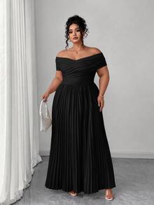 Elenzga Plus Size Women Black Dress,Summer Elegant Formal Evening Shoulder Ruched Waist Bandeau,Off Shoulder Graduation Birthday Casual Clothes - Black - View 4