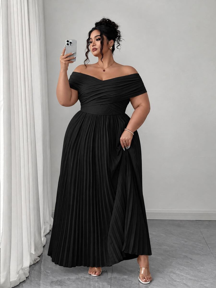 Elenzga Plus Size Women Black Dress,Summer Elegant Formal Evening Shoulder Ruched Waist Bandeau,Off Shoulder Graduation Birthday Casual Clothes - Black - View 1