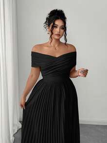 Elenzga Plus Size Women Black Dress,Summer Elegant Formal Evening Shoulder Ruched Waist Bandeau,Off Shoulder Graduation Birthday Casual Clothes - Black - View 9