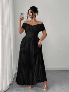 Elenzga Plus Size Women Black Dress,Summer Elegant Formal Evening Shoulder Ruched Waist Bandeau,Off Shoulder Graduation Birthday Casual Clothes - Black - View 3