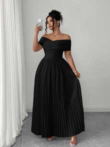 Elenzga Plus Size Women Black Dress,Summer Elegant Formal Evening Shoulder Ruched Waist Bandeau,Off Shoulder Graduation Birthday Casual Clothes - Black - View 8
