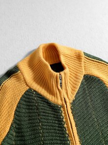 ROMWE MEN Cardigan Rajut Pria dengan Bordir Patchwork dan Resleting serta Warna Kontras - MultiWarna - View 3