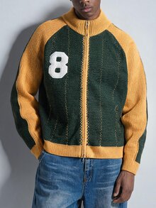 ROMWE MEN Cardigan Rajut Pria dengan Bordir Patchwork dan Resleting serta Warna Kontras - MultiWarna - View 5