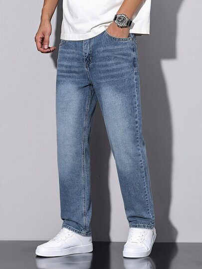 QuarKem Men's Vintage Distressed Washed Loose Wide Leg Denim Jeans, Casual Loose Fit Denim Pants With Pockets