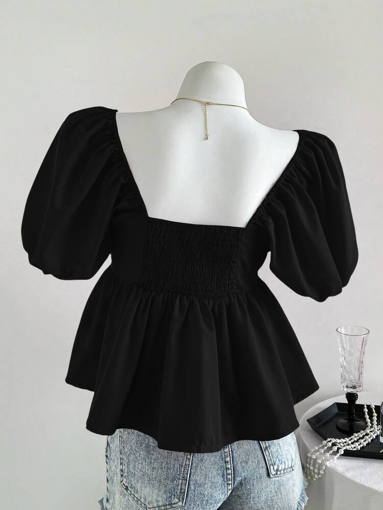 Elamini Pleated Deep V-Neck Red Casual Elegant Women Blouse - Black - View 2