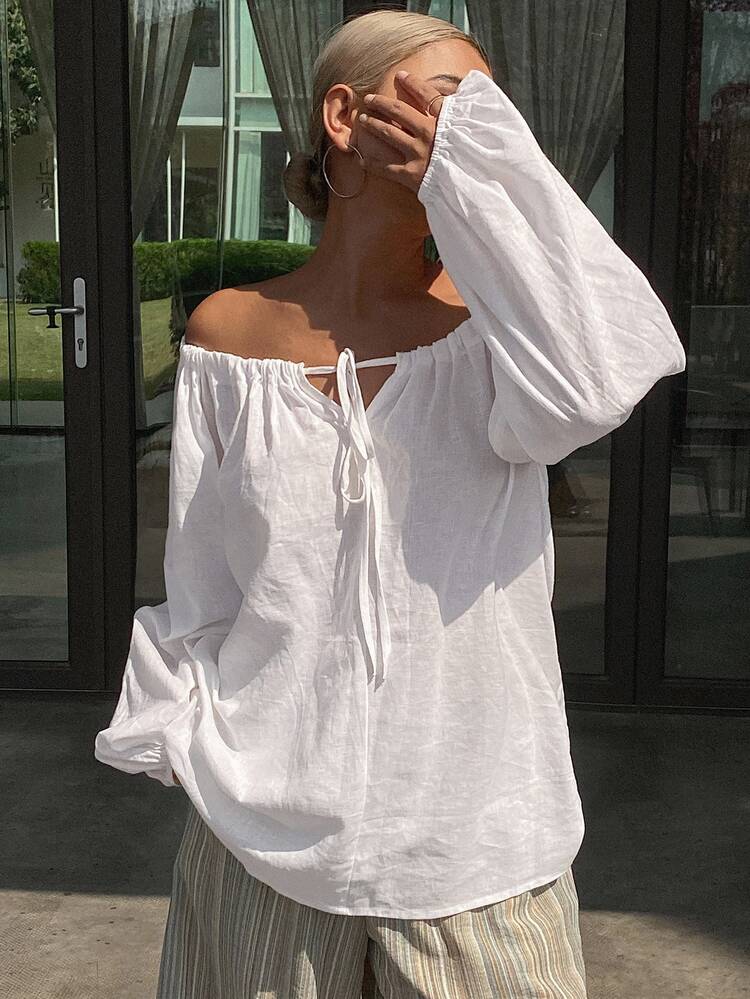 Livesso Women's Loose Casual Beach Holiday Style Shirt, New Summer Collection Linen, Fall Clothes Long Sleeve Off Shoulder Top Boho Vacation Outfits White - White - View 7