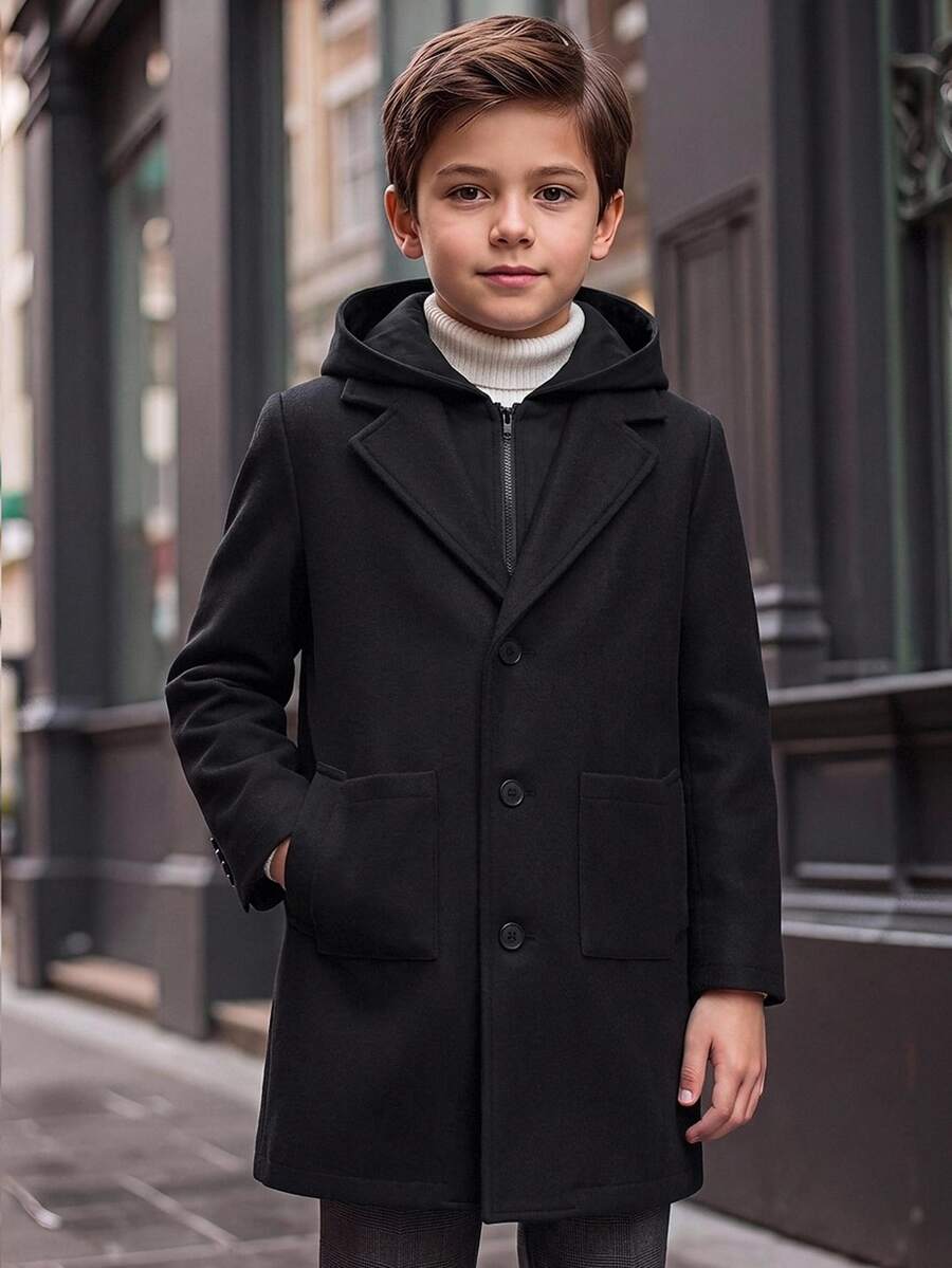 SHEIN Tween Boy Casual Academy Pocket Mid-Length Overcoat, Suitable For Autumn, Spring, Winter, Perfect For Outdoor Play, School, Street Style, Party And Home Leisure, High Cost-Performance Quilted Coat, Padded Coat, Winter Coat - Black - View 1