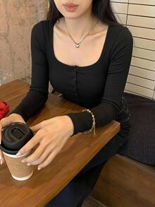 DAZY Women's Solid Color Button Design Long Sleeve Ribbed Slim Fit Casual T-Shirt Cute Tops Going Out Tops - Black - View 7