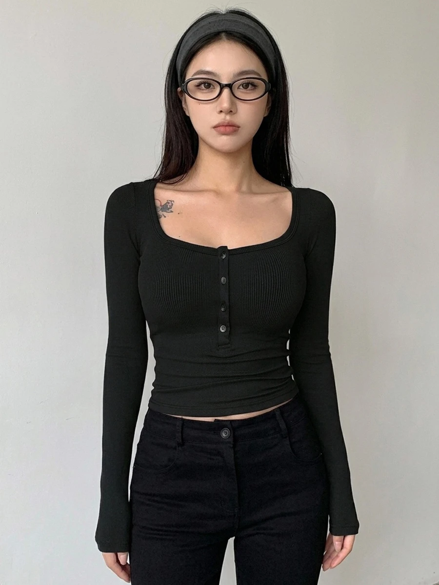 DAZY Women's Solid Color Button Design Long Sleeve Ribbed Slim Fit Casual T-Shirt Cute Tops Going Out Tops - Black - View 1