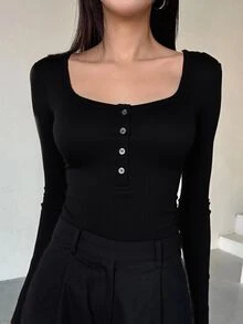 DAZY Women's Solid Color Button Design Long Sleeve Ribbed Slim Fit Casual T-Shirt Cute Tops Going Out Tops - Black - View 2