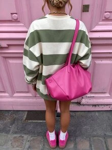 SuriyaCove 女款秋冬基礎條紋拼色拼接圓領長袖上衣，適合返校、旅行與休閒場合 - 彩色 - 查看 2