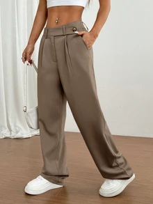 Flirla 1pc Women's Asymmetrical Waist Casual, Daily, Commuting, Shopping Khaki Pants - Mocha Brown - View 5