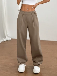 Flirla 1pc Women's Asymmetrical Waist Casual, Daily, Commuting, Shopping Khaki Pants - Mocha Brown - View 6