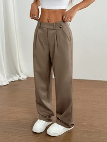 Flirla 1pc Women's Asymmetrical Waist Casual, Daily, Commuting, Shopping Khaki Pants - Mocha Brown - View 3