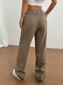 Flirla 1pc Women's Asymmetrical Waist Casual, Daily, Commuting, Shopping Khaki Pants - Mocha Brown - View 2