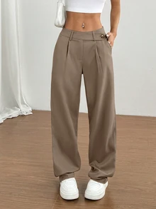 Flirla 1pc Women's Asymmetrical Waist Casual, Daily, Commuting, Shopping Khaki Pants - Mocha Brown - View 4