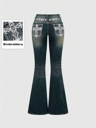 Grunge Punk Jeans évasés vintage Y2K pour femmes avec poches brodées de croix et d'ailes