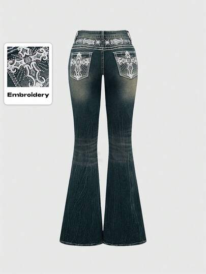 Grunge Punk Spring/Summer Y2K Vintage Crop Flare Jeans For Women With Cross & Wing Embroidery Pockets