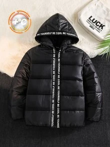 SHEIN 兒童青少年男孩休閒百搭舒適寬鬆實用純色拉鍊連帽黑色保暖內裡加厚外套，適合秋冬羽絨外套、填充外套、派克大衣 - 黑色 - 查看 3