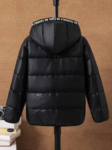 SHEIN 兒童青少年男孩休閒百搭舒適寬鬆實用純色拉鍊連帽黑色保暖內裡加厚外套，適合秋冬羽絨外套、填充外套、派克大衣 - 黑色 - 查看 4