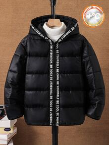SHEIN 兒童青少年男孩休閒百搭舒適寬鬆實用純色拉鍊連帽黑色保暖內裡加厚外套，適合秋冬羽絨外套、填充外套、派克大衣 - 黑色 - 查看 2