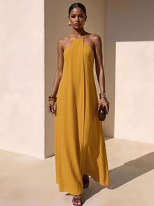 Zivah Mustard Yellow Summer Elegant Vacation Women Boho Linen Fabric Backless A-Line Long Dress Spring Cross-Strap Design Party Beach Wedding Dress - Yellow - View 1