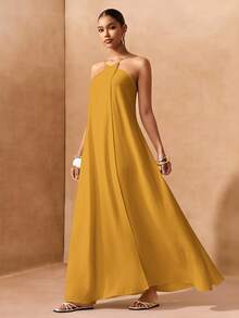 Zivah Mustard Yellow Summer Elegant Vacation Women Boho Linen Fabric Backless A-Line Long Dress Spring Cross-Strap Design Party Beach Wedding Dress - Yellow - View 3