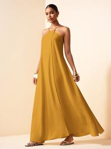 Zivah Mustard Yellow Summer Elegant Vacation Women Boho Linen Fabric Backless A-Line Long Dress Spring Cross-Strap Design Party Beach Wedding Dress - Yellow - View 10