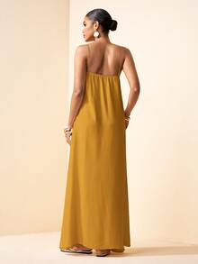 Zivah Mustard Yellow Summer Elegant Vacation Women Boho Linen Fabric Backless A-Line Long Dress Spring Cross-Strap Design Party Beach Wedding Dress - Yellow - View 9